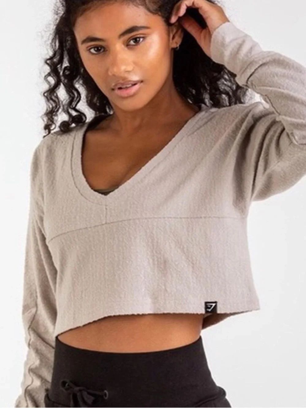 Gym Shark Long Sleeve Cropped Towel Terry Top V-Neck✨
